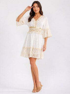 Women’s Off White Crochet Sequin Mini Dress Bell Sleeve Boutique